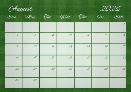 Printable Wall Calendar, August 2026 on Football Field