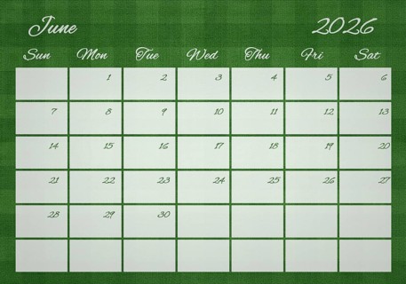 Printable Wall Calendar, June 2026 on Football Field