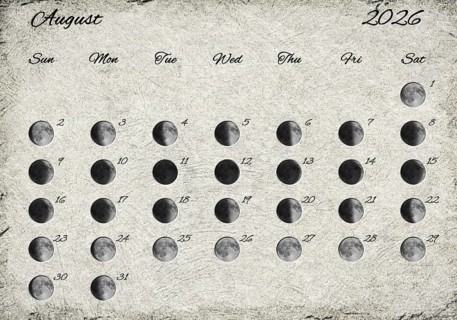 Moon Phases Calendar. August 2026 Old Paper