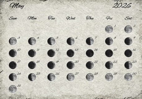 Moon Phases Calendar. May 2026 Old Paper