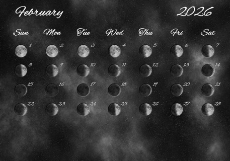 Moon Phases Calendar, February 2026 Space Background