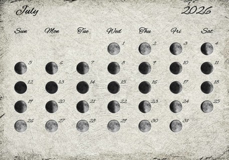 Moon Phases Calendar. July 2026 Old Paper