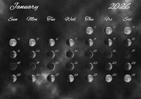Moon Phases Calendar, January 2026 Space Background