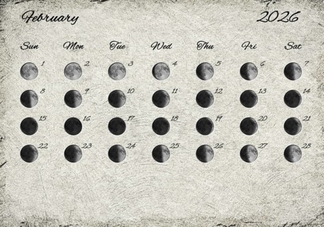 Moon Phases Calendar. February 2026 Old Paper