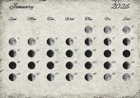 Moon Phases Calendar. January 2026 Old Paper
