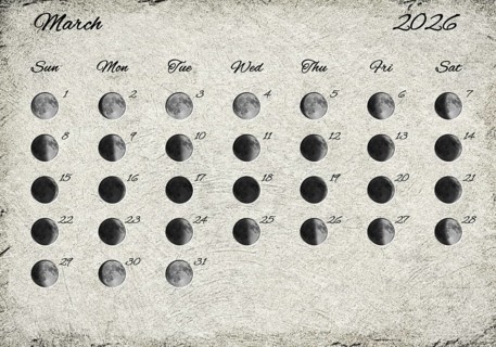 Moon Phases Calendar. March 2026 Old Paper