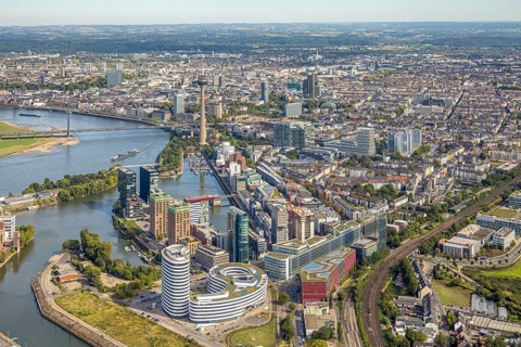 Aerial view, Media Harbour at the river Rhine, Rhine Tower and Rheinknie Bridge, in front