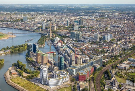 Aerial view, Media Harbour at the river Rhine, Rhine Tower and Rheinknie Bridge, in front