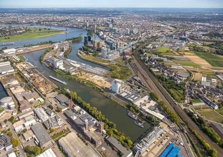 Aerial view, Media Harbour office and business district, view to the river Rhine with Rhine Tower