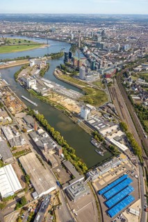 Aerial view, Media Harbour office and business district, view to the river Rhine with Rhine Tower