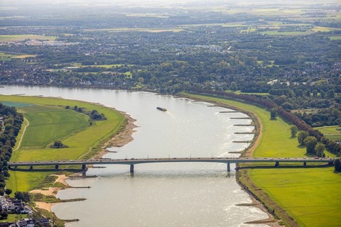 Aerial view, construction site and one-way trafficable Josef-Kardinal-Frings-Bridge over the river