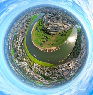 Aerial view, river Rhine Rhine bend, golf course Auf der Lausward and harbour with Lausward power
