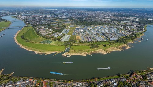 Aerial view, Rhine bend and district Volmerswerth, horticultural farms and agricultural use in the