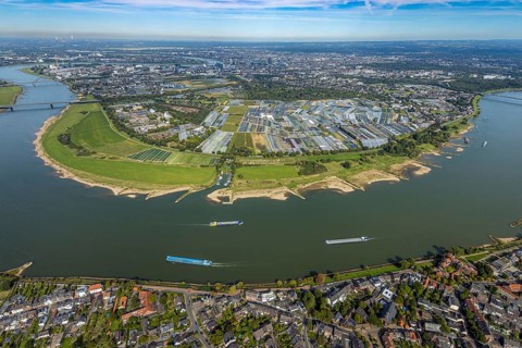 Aerial view, Rhine bend and district Volmerswerth, horticultural farms and agricultural use in the