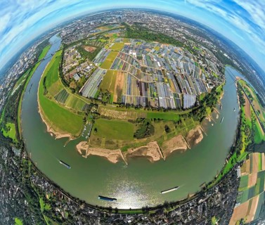 Aerial view, horticulture and agricultural use in the district of Volmerswerth, river Rhine, shapes