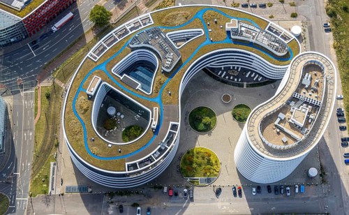 Aerial photo, trivago N.V. headquarters in the media harbour, harbour, Düsseldorf, Ruhr area, North