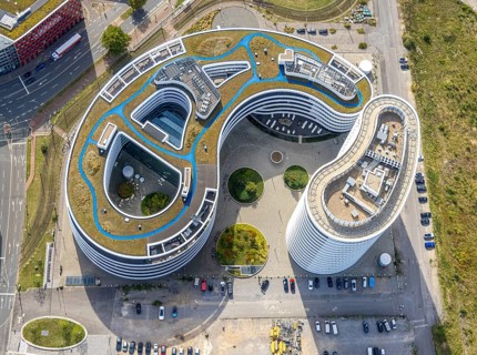 Aerial photo, trivago N.V. headquarters in the media harbour, harbour, Düsseldorf, Ruhr area, North