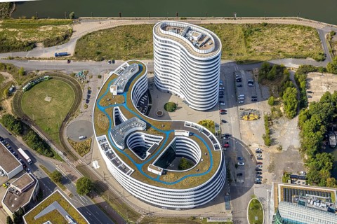 Aerial photo, trivago N.V. headquarters in the media harbour, harbour, Düsseldorf, Ruhr area, North