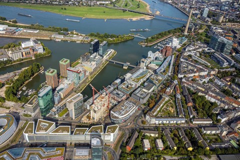 Aerial view, Media Harbour office and business district, view to the river Rhine and Rhine Tower,