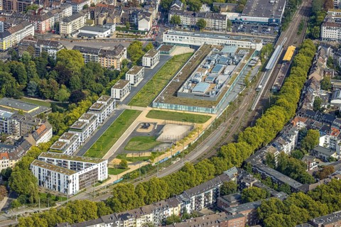 Aerial view, Düsseldorf Arcaden shopping centre, Düsseldorf Arcaden residential area Bachstraße