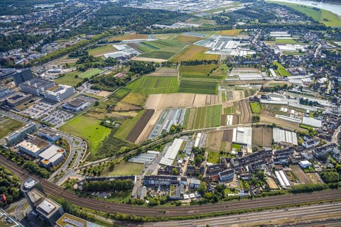 Aerial view, agricultural areas and horticultural businesses, district Hamm, Düsseldorf, Ruhr area,
