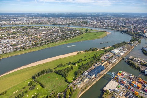 Aerial view, sandy beach paradise beach Düsseldorf parliamentary bank at the river Rhine,