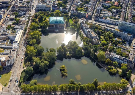 Aerial view, Ständehauspark with Ständehaus, Kaiserteich and Schwanenspiegel, Unterbilk,