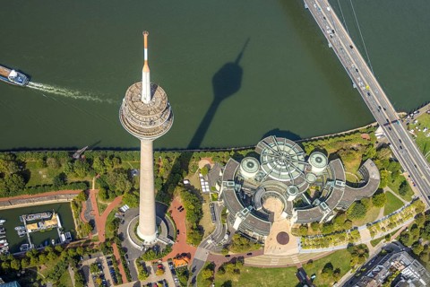 Aerial view, Rhine Tower in the Rhine Park Bilk near the Media Harbour on the river Rhine, State