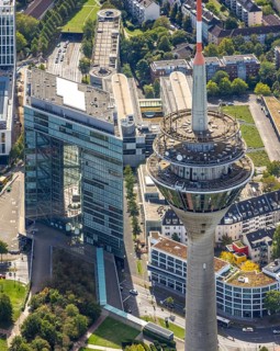 Aerial view, Rhine Tower spire near the media harbour, Bilk, Unterbilk, Düsseldorf, Ruhr area,