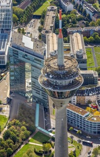 Aerial view, Rhine Tower spire near the media harbour, Bilk, Unterbilk, Düsseldorf, Ruhr area,