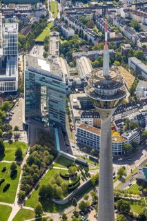 Aerial view, Rhine Tower spire near the media harbour, Bilk, Unterbilk, Düsseldorf, Ruhr area,