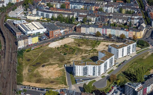 Aerial view, construction site Grand Central district for new residential quarter, former postal