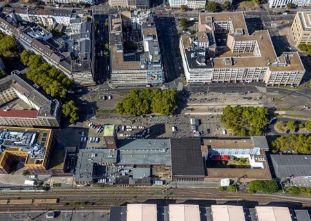 Aerial view, station building, station forecourt, main station, Konrad-Adenauer-Platz, city centre,