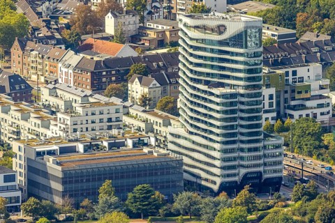 Aerial view, high-rise building The Zipper Hotel and Apartments, Heerdt, Düsseldorf, Ruhr area,