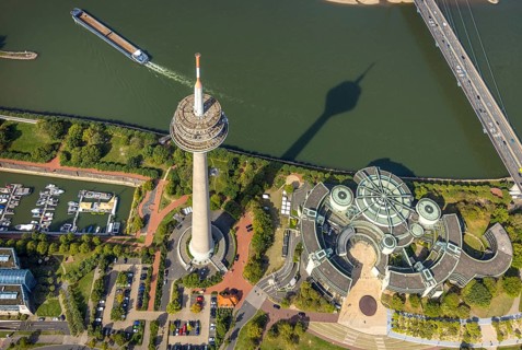 Aerial view, Rhine Tower in the Rhine Park Bilk near the Media Harbour on the river Rhine, State