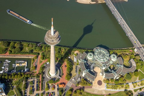 Aerial view, Rhine Tower in the Rhine Park Bilk near the Media Harbour on the river Rhine, State