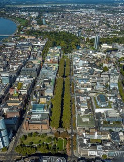 Aerial view, old town with office buildings and shopping mall, Königsallee tree-lined avenue,
