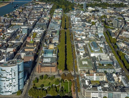 Aerial view, old town with office buildings and shopping mall, Königsallee tree-lined avenue,