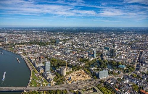 Aerial view, overview city centre view, below construction site Haroldstraße, demolition of the