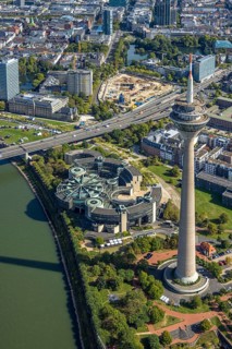 Aerial view, State Parliament of North Rhine-Westphalia and Rhine Tower at the Rhine Park, behind