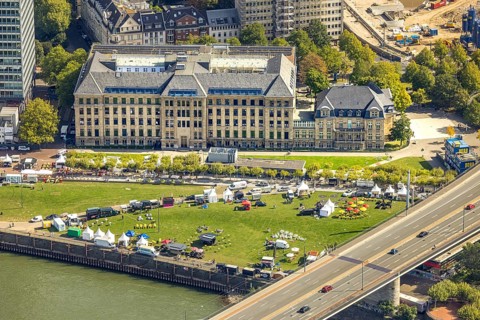 Aerial view, event with pavilions of the meadow at the state chancellery of North Rhine-Westphalia,