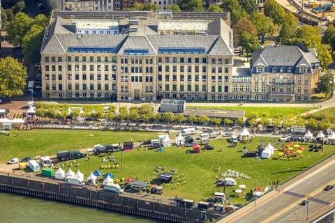 Aerial view, event with pavilions on the meadow at the State Chancellery of North Rhine-Westphalia,