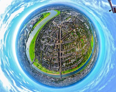 Aerial view, district Oberkassel and river Rhine, globe, fisheye image, 360 degree image, tiny