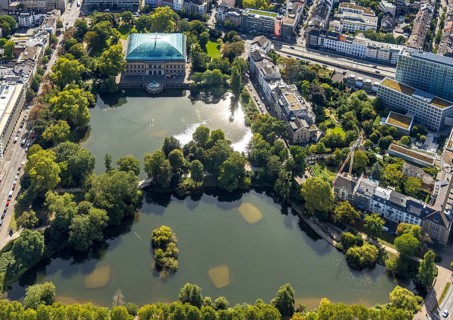 Aerial view, Ständehauspark with Ständehaus, Kaiserteich and Schwanenspiegel, Unterbilk,