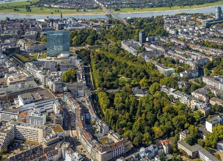 Aerial view, Hofgarten Park, Dreischeibenhaus and Schauspielhaus with view to the river Rhine,