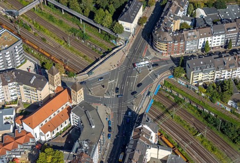 Aerial view, catholic church St. Elisabeth, bridge over railway tracks with road crossing
