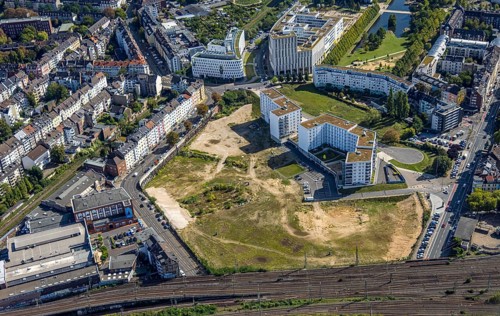 Aerial view, construction site Quartier Grand Central for new residential quarter at the main