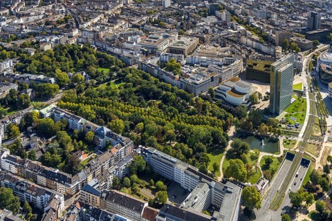 Aerial view, Hofgarten Park, Dreischeibenhaus and Schauspielhaus, Hofgarten Palais, Pempelfort,