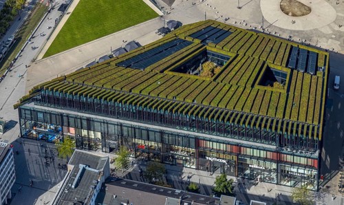 Aerial view, Ingenhoven-Tal green building Kö-Bogen II, planted with hornbeam hedge, city centre,