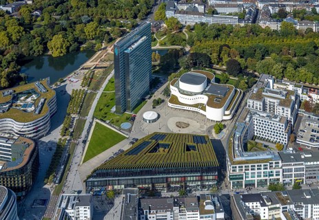 Aerial view, Dreischeibenhaus and Schauspielhaus, Ingenhoven-Tal green building Kö-Bogen II,